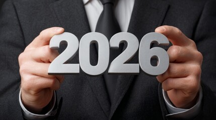 A well-dressed person holds up a large, shiny number sign displaying 2026, symbolizing celebration and anticipation for the future in a formal setting