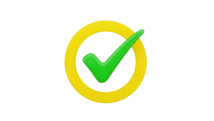 Isolated green check mark inside a yellow ring, symbol of completed task or approved item