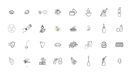 A collection of natural cosmetics and organic skincare minimalist line art icons