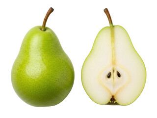 Isolated Bartlett pear fruit, whole and halved, healthy eating, fresh produce, nature's bounty