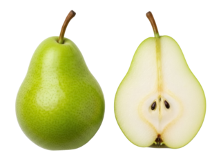 Isolated Bartlett pear fruit, whole and halved, healthy eating, fresh produce, nature's bounty