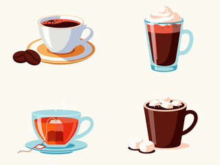 Various hot beverages in cups, including coffee, tea, and hot chocolate, perfect for a cozy day
