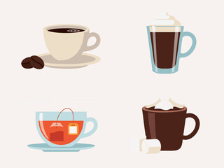 Illustrations of hot beverages like coffee, espresso, tea, and hot chocolate in cups and mugs, perfect for cafes and menus