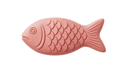 Isolated salmon-colored toy fish with detailed scales and tail, a playful rubber bath toy