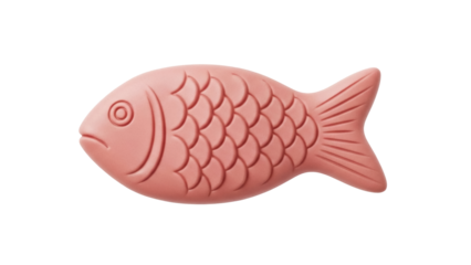 Isolated salmon-colored toy fish with detailed scales and tail, a playful rubber bath toy