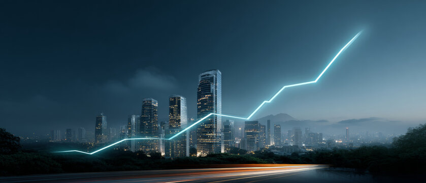 Night cityscape with illuminated skyscrapers and a glowing upward trend line symbolizing economic growth and business success in urban environment - Powered by Adobe