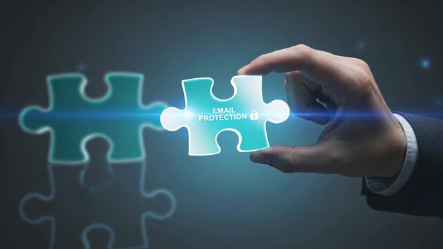 A hand holding a glowing puzzle piece with lock icon showing email protection, data safety, and secure email connection