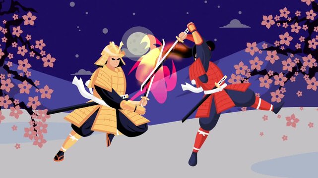 Flat animation of two samurai warriors battle takes place in a winter bonsai garden with falling cherry blossoms under a full moon.for storytelling, historical documentaries,etc