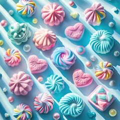 Colorful Meringue Cookies and Candy on Blue Background