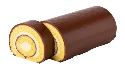 Isolated chocolate Swiss roll cake, vanilla cream filled cake with two slices, light dessert
