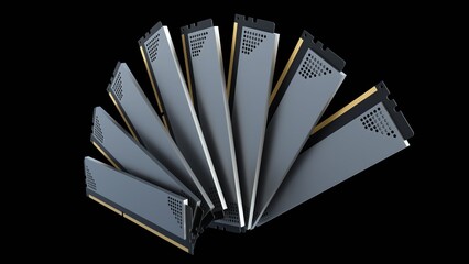 A 3D render of white-label DDR5 RAM featuring aluminum heatspreaders. These maximize thermal dissipation for the ICs, maintaining peak stability during intensive gaming and heavy workloads.