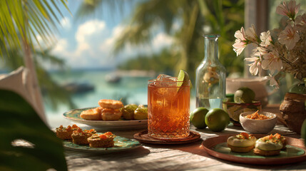 A refreshing cocktail served alongside delectable snacks on a table near the sea. The vibrant colors and tropical setting create an inviting atmosphere