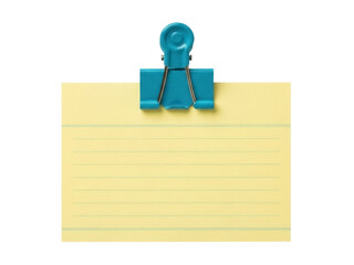 Isolated lined yellow note card with blue clip for office or school supply stationery item