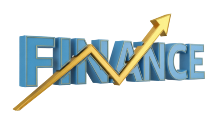 Finance text with golden arrow isolated PNG, financial growth concept on transparent background, investment and market trend symbol