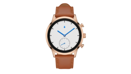 Elegant rose gold smartwatch with brown leather strap isolated PNG, modern timepiece for technology and fashion accessories