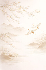 飛び立つ2羽のタンチョウ鶴と梅の日本画