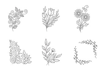 Six blackandwhite line art floral and scrollwork designs