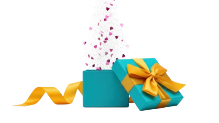 Open turquoise gift box with gold ribbon and hearts PNG isolated on transparent background, present for birthday or Valentine s Day