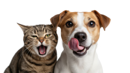 Humorous Tabby Cat with Open Mouth and Dog Licking Nose Looking at Camera