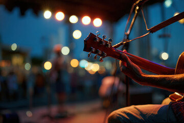 Close up of hand playing guitar, with blurred background of live music performance. vibrant lights create lively atmosphere, capturing essence of musical event