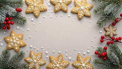 Gingerbread cookies shaped like snowflakes on a festive background  