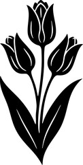 Black Stylized Vector Silhouette of Three Tulip Flowers and Leaves