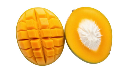 Ripe mango halves isolated PNG, tropical fruit cut in cubes and cross section on transparent background, healthy eating and exotic dessert