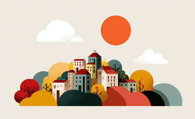 Vibrant town landscape featuring colorful houses nestled among rolling hills and trees, with bright sun and stylized clouds creating cheerful atmosphere