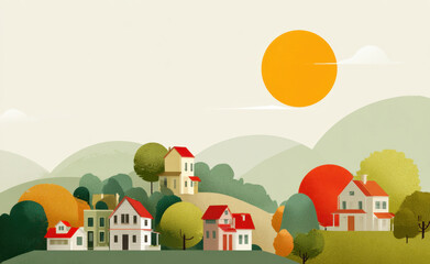 Vibrant town landscape featuring colorful houses nestled among rolling hills and lush trees, illuminated by warm sun. scene evokes sense of tranquility and charm, perfect for serene setting