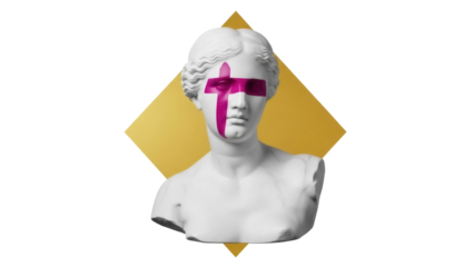 Bust of Venus with pink cross isolated PNG on transparent background, classical sculpture with modern art element