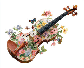 Violin adorned with watercolor flowers and butterflies creates vibrant and artistic display. intricate floral patterns and delicate butterflies evoke sense of beauty and harmony