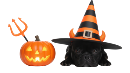 Cute Black Dog in Halloween Witch Hat with Glowing Jack-O'-Lantern and Trident