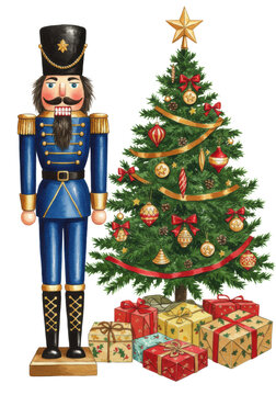 Intricate watercolor of a formal wooden nutcracker soldier in a pristine cobalt blue uniform standing by a lavishly decorated christmas tree and wrapped gifts, isolated on white copy space. Classic