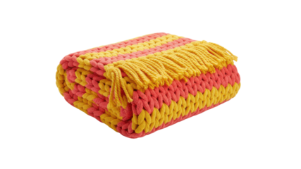 Folded Chunky Knitted Coral and Yellow Striped Throw Blanket Product Shot with Fringe
