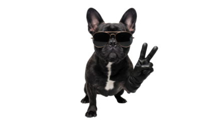 Cool Black French Bulldog Wearing Sunglasses Making Peace Sign Isolated on White
