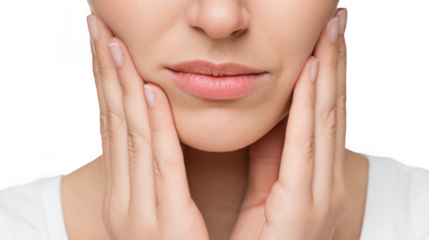 Close up of a man experiencing intense teeth and jaw pain, touching his chin with his hands, isolated on a transparent background, potentially indicating a dental emergency or bruxism
