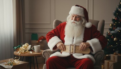 A smiling Santa Claus sits in a comfortable armchair adjusting his belt. Festive holiday scene with a Christmas tree and gifts in a cozy home interior