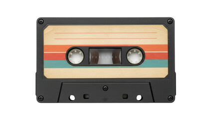 Fototapeta premium Retro Audio Cassette Tape with Striped Label Isolated on White Background