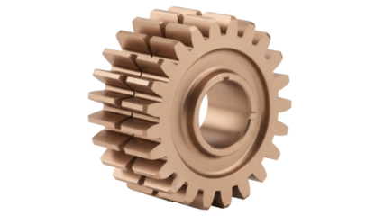 Bronze spur gear isolated PNG on transparent background, cogwheel machinery component for mechanical engineering and industrial applications