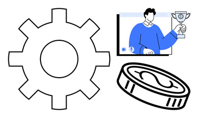 Obraz premium Gear symbol, man celebrating with trophy, coin graphic, conveying teamwork, productivity, innovation, rewards, recognition business growth. Ideal for technology business concepts finance