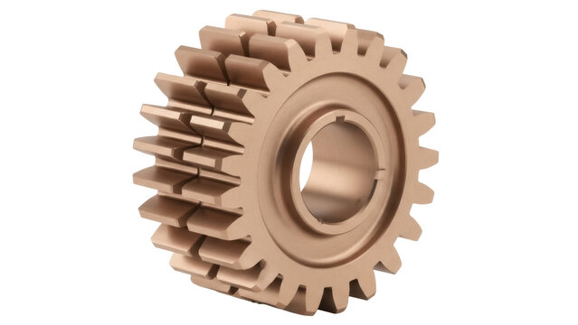 Bronze spur gear isolated PNG on transparent background, cogwheel machinery component for mechanical engineering and industrial applications