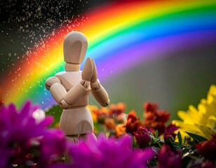 鮮やかな虹と、祈りを捧げる木の人形