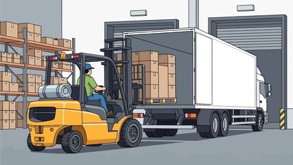Naklejka premium Warehouse worker operating forklift to load cargo into truck