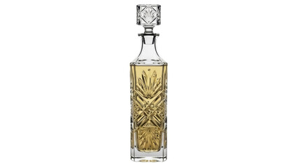 Elegant crystal decanter with golden liquor isolated PNG, vintage glassware for bar and home decor on transparent background