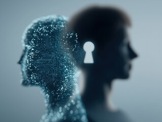 Contrasting figures illustrate guarded cognition alongside intricate synthetic consciousness visualization.