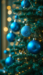 Blue Christmas toys hanging on a fir tree branch on a bokeh background
