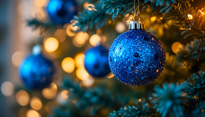 Blue Christmas toys hanging on a fir tree branch on a bokeh background