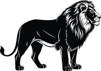 Majestic lion silhouette vector illustration, powerful wild animal standing pose, black and white big cat wildlife design isolated