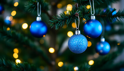 Blue Christmas toys hanging on a fir tree branch on a bokeh background