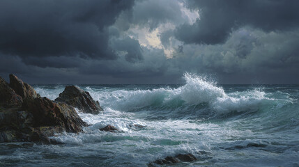 A dramatic view of ocean waves crashing against rocky shoreline under a stormy sky